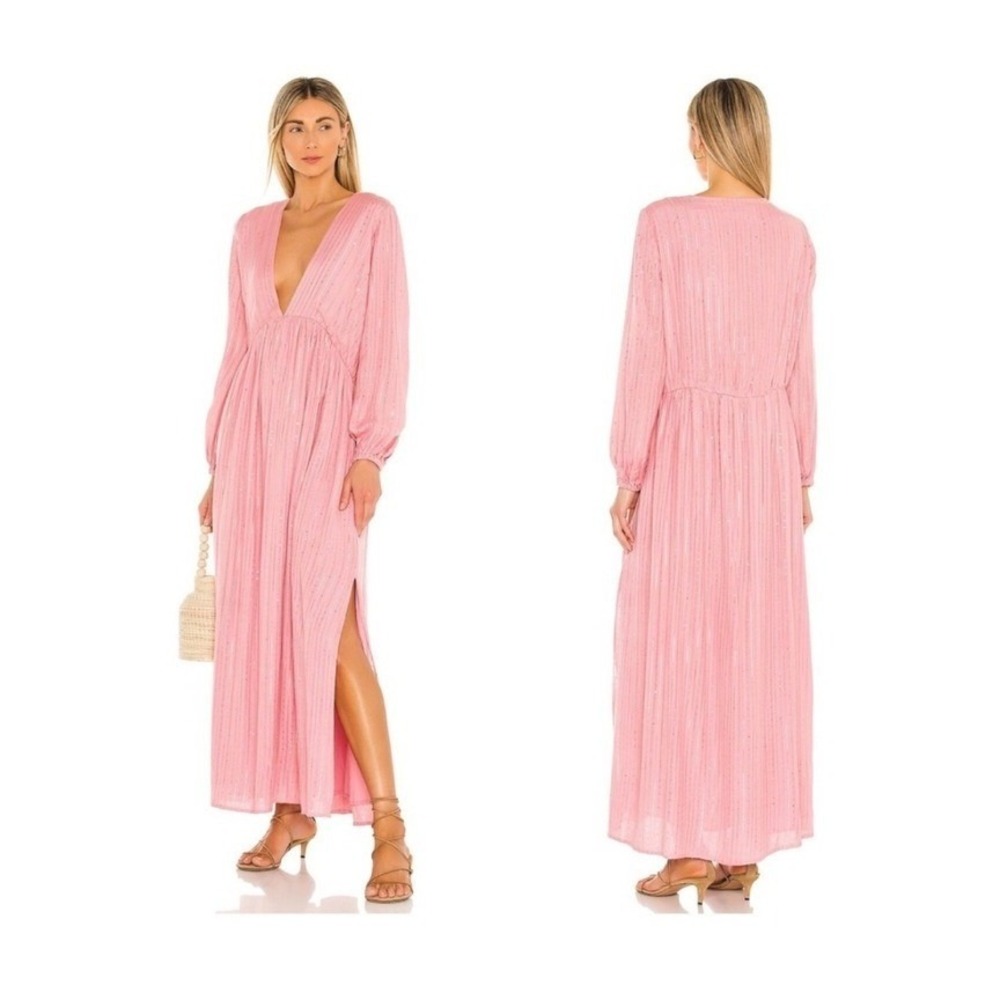 Pink V-Neck Long Sleeve Maxi Dress